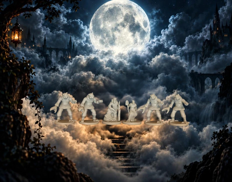 Unpainted character miniatures against a moonlit fantasy backdrop