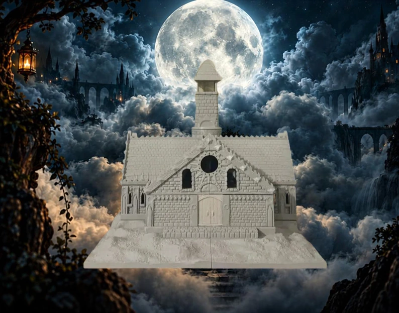 Unpainted stone building model against a moonlit fantasy backdrop