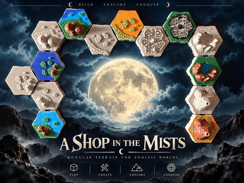 Painted and unpainted hexagonal terrain tiles arranged around A Shop in the Mists artwork