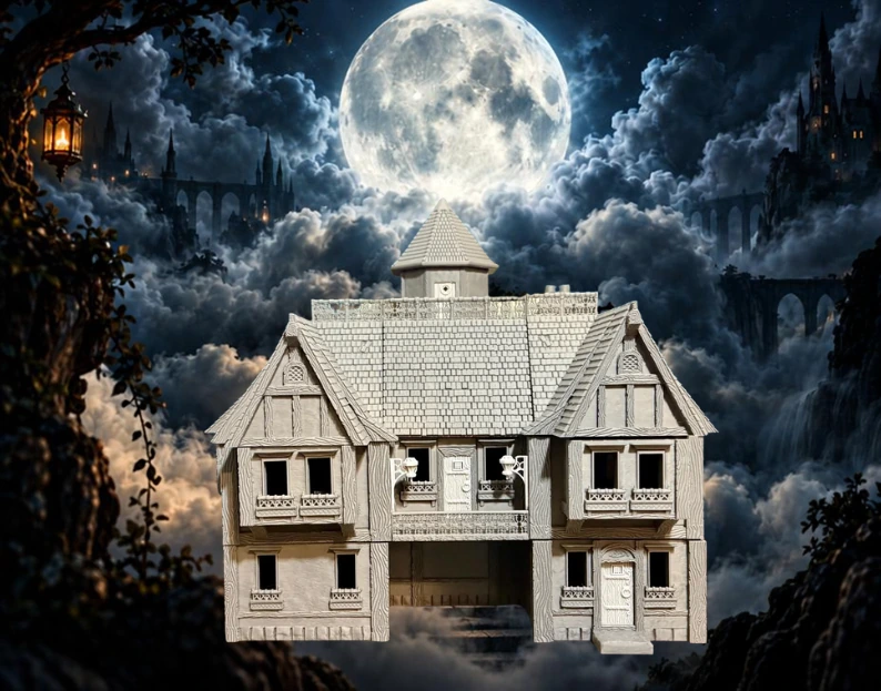 Unpainted timber building model against a moonlit fantasy backdrop