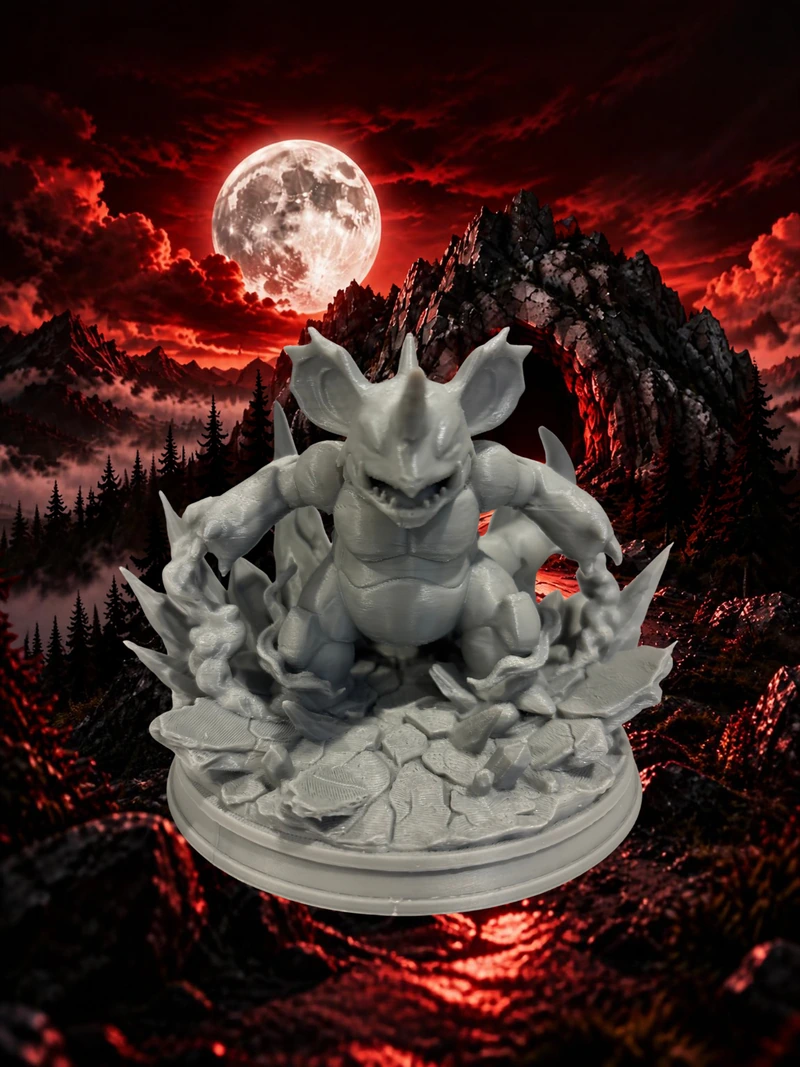 Unpainted horned creature model on a rocky display base