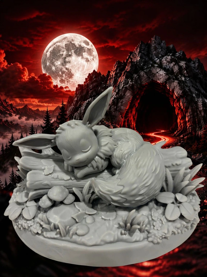 Unpainted sleeping character sculpture on a detailed woodland base