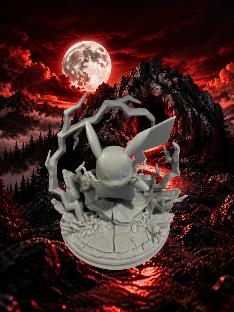 Unpainted long-eared character model with sculpted lightning effects