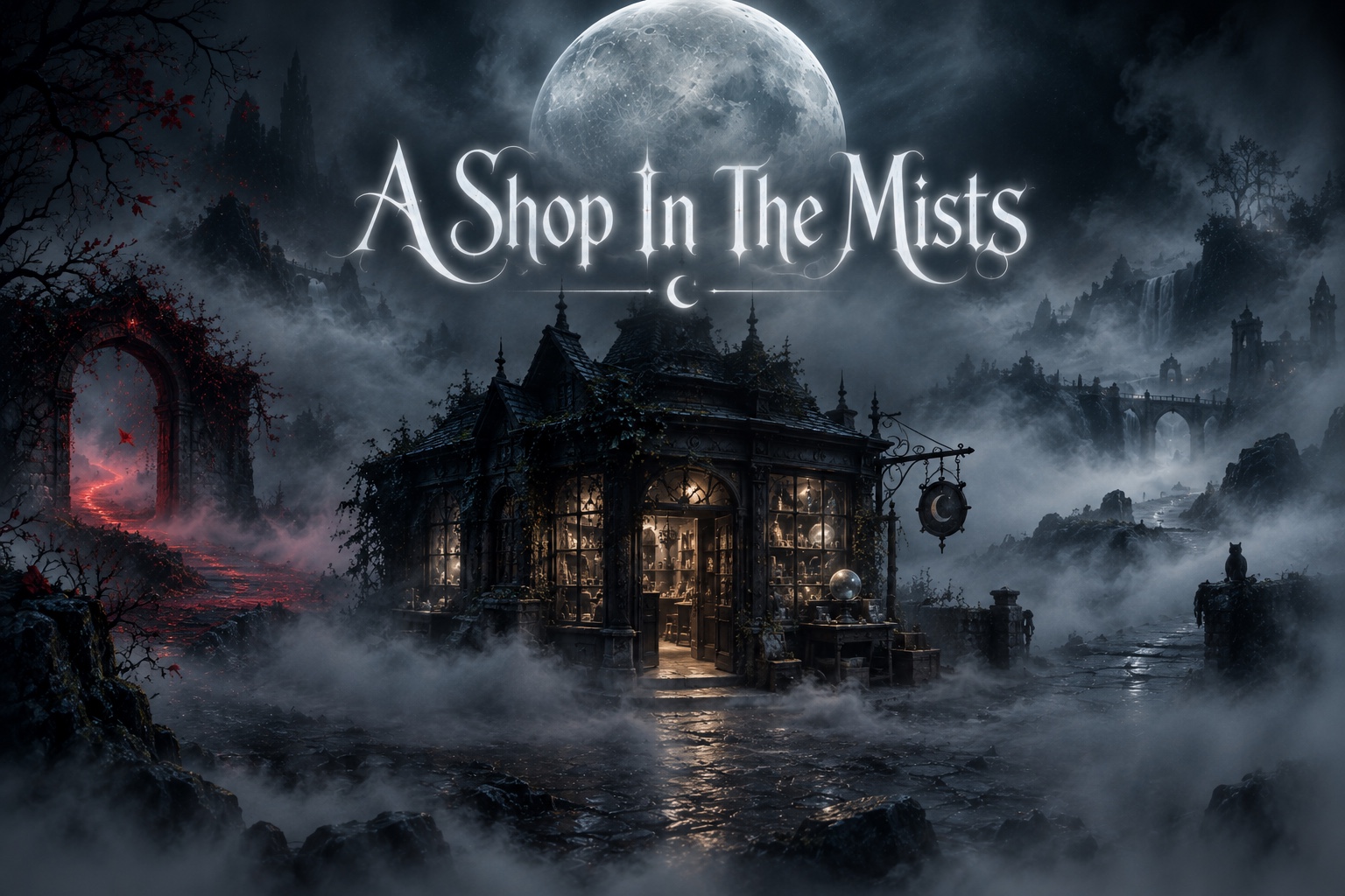 Moonlit shop overlooking a mist-covered world